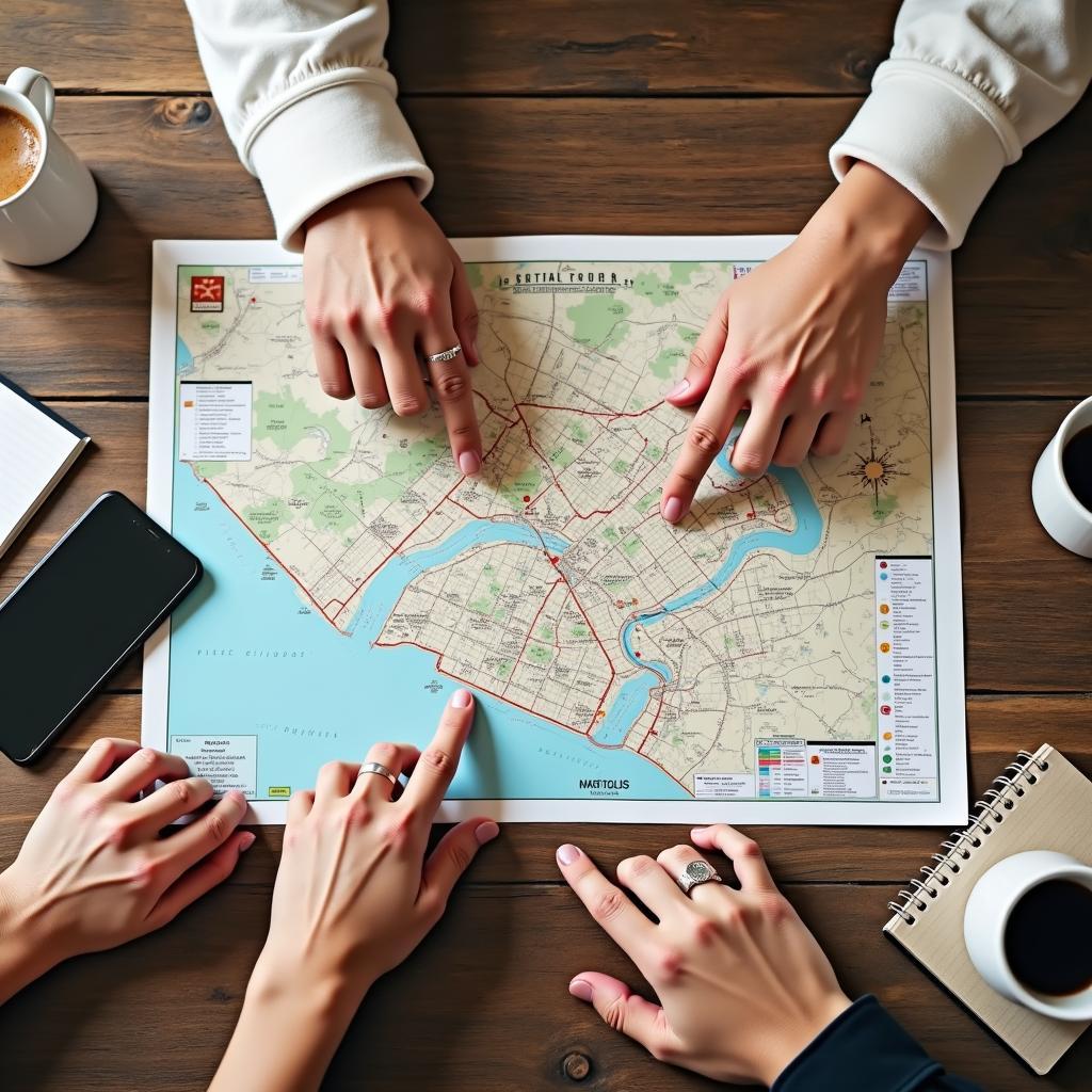 Đôi bạn đang cùng nhau chỉ tay vào bản đồ, lên kế hoạch cho một hành trình friendships và food tour đầy hứng khởi và gắn kết tình bạn.