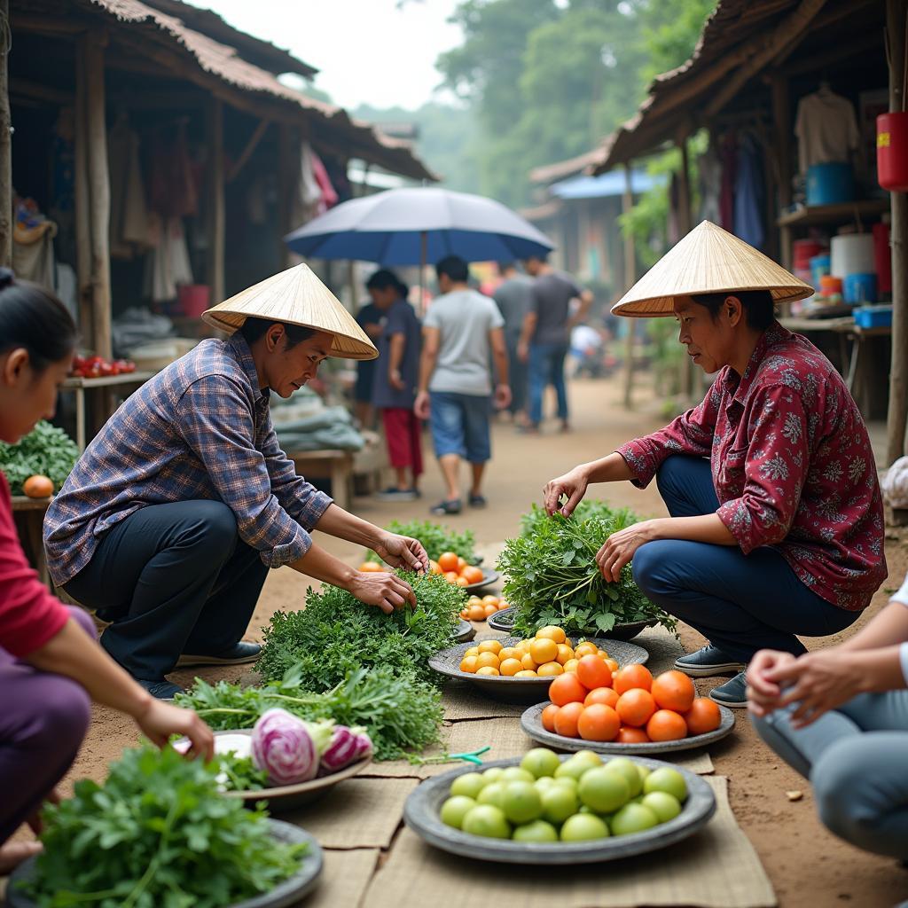 Canh mua ban tai cho xa Lien Son Phu Tho voi nong san va thuc pham tuoi song