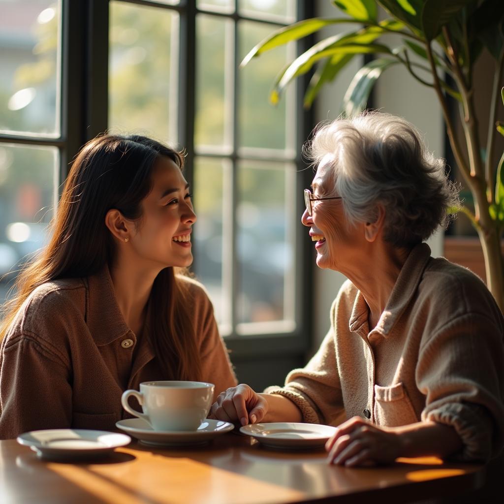 Lợi ích kết bạn đa độ tuổi giúp người trẻ học hỏi kinh nghiệm sống từ người lớn tuổi trong một quán cà phê ấm cúng.