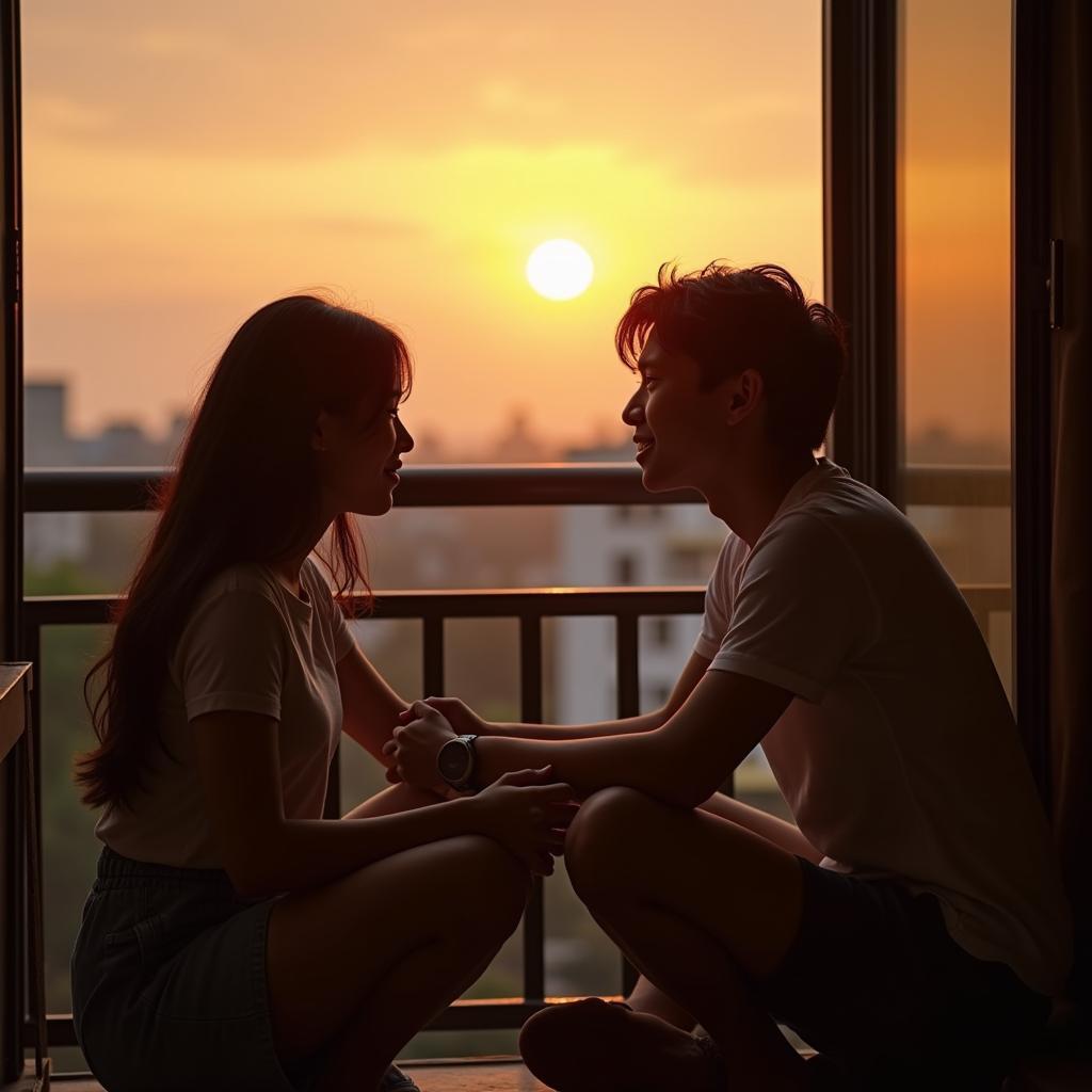 Lợi ích tâm lý từ bạn thân thể hiện qua sự sẻ chia và gắn kết chân thành giữa hai người bạn trong một buổi chiều hoàng hôn ấm áp