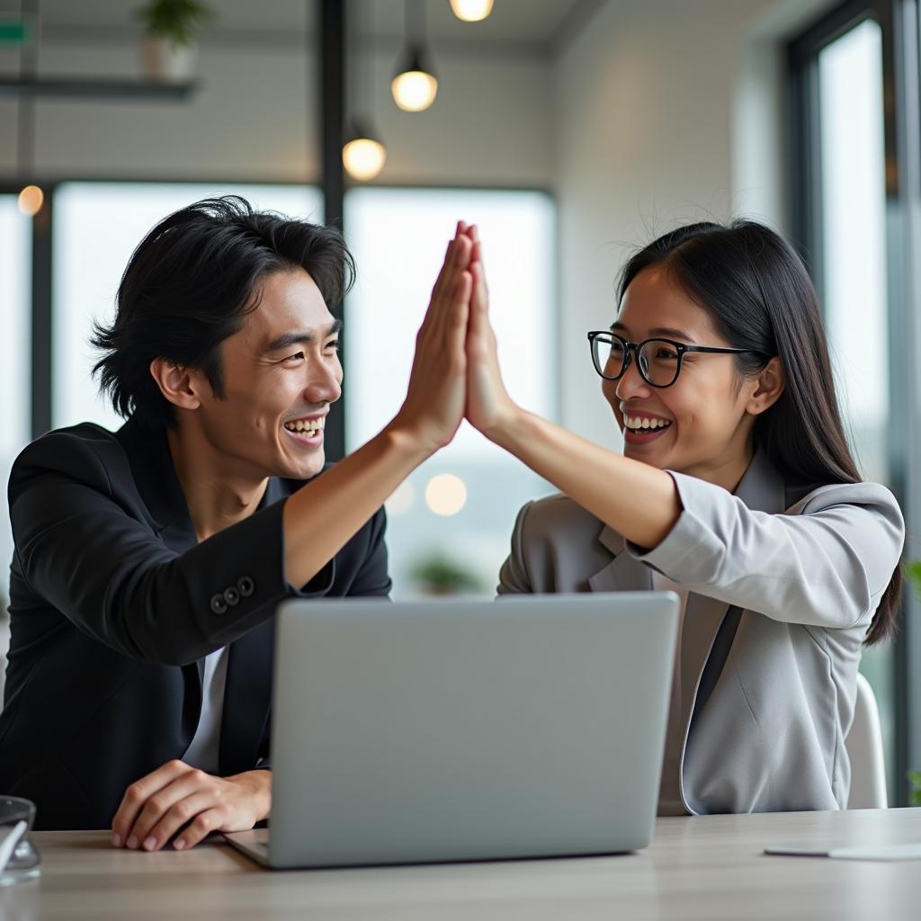 Hai người bạn đồng nghiệp vui vẻ hỗ trợ nhau, minh họa cho lợi ích của tình bạn trong sự nghiệp.