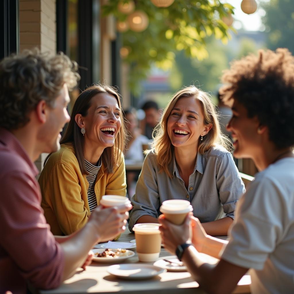 Nhóm bạn bè đa dạng cùng nhau cười vui, thể hiện lợi ích của tình bạn trong việc tăng cường hạnh phúc.