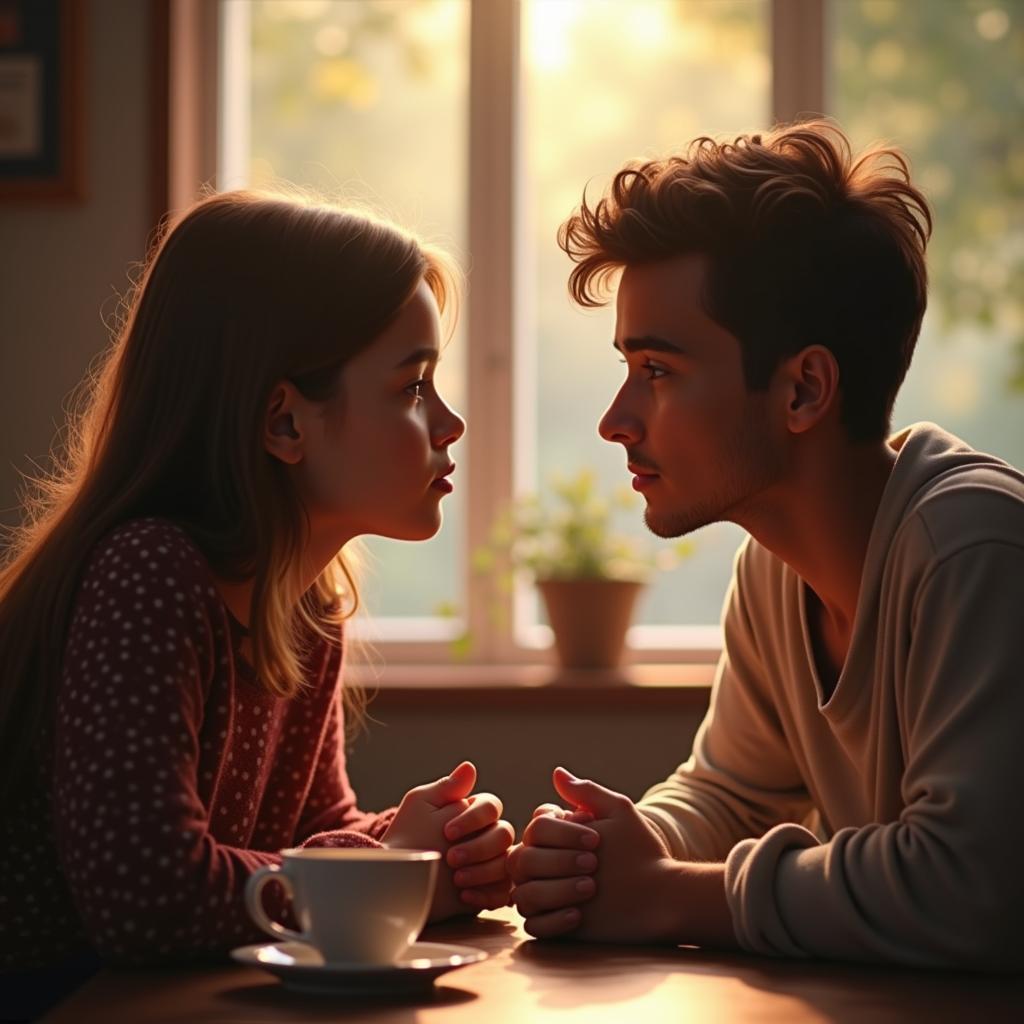 Hai người bạn đang ngồi nói chuyện chân thành để làm dịu xung đột và hàn gắn tình bạn