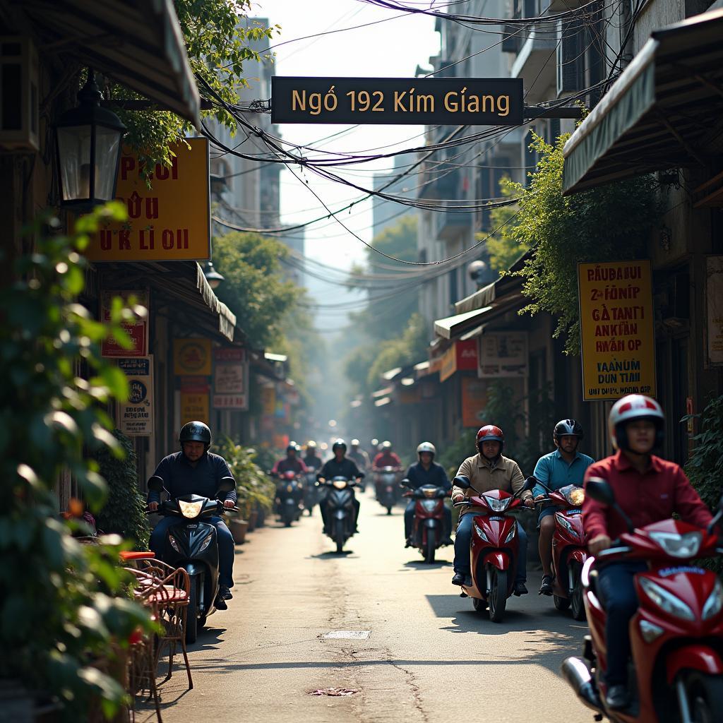 Lối vào ngõ 192 Kim Giang, Hoàng Mai, Hà Nội tấp nập xe cộ và hàng quán bên ngoài đường chính.