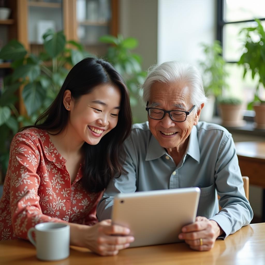 Lớp học trao đổi kỹ năng nơi người trẻ hướng dẫn người cao tuổi sử dụng công nghệ hiện đại.