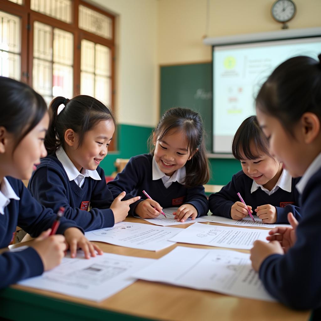 Một lớp học tại Trường Tiểu học Nguyễn Trọng Tuyến trong giờ sinh hoạt ngoại khóa, các em học sinh đang hào hứng tham gia hoạt động nhóm cùng cô giáo.