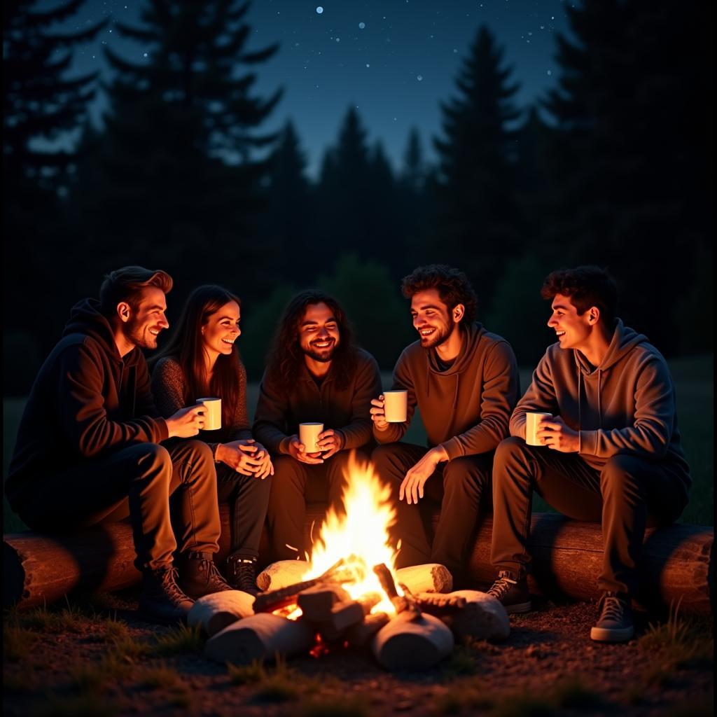 Hình ảnh nhóm bạn bè đang quây quần bên ngọn lửa trại ấm áp để tâm sự và gắn kết tình bạn