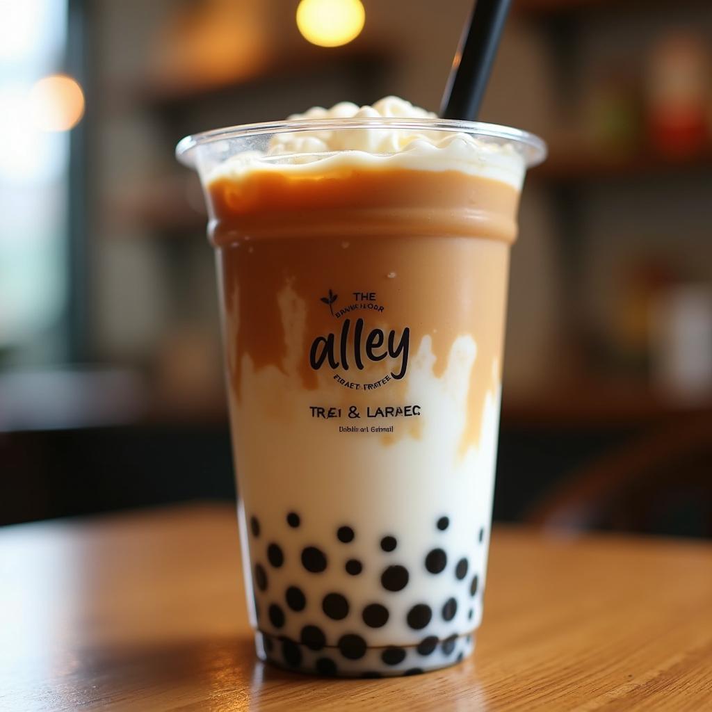 Cận cảnh ly sữa tươi trân châu đường đen thơm ngon đặc trưng tại The Alley 354A Thái Hà, Đống Đa, Hà Nội.
