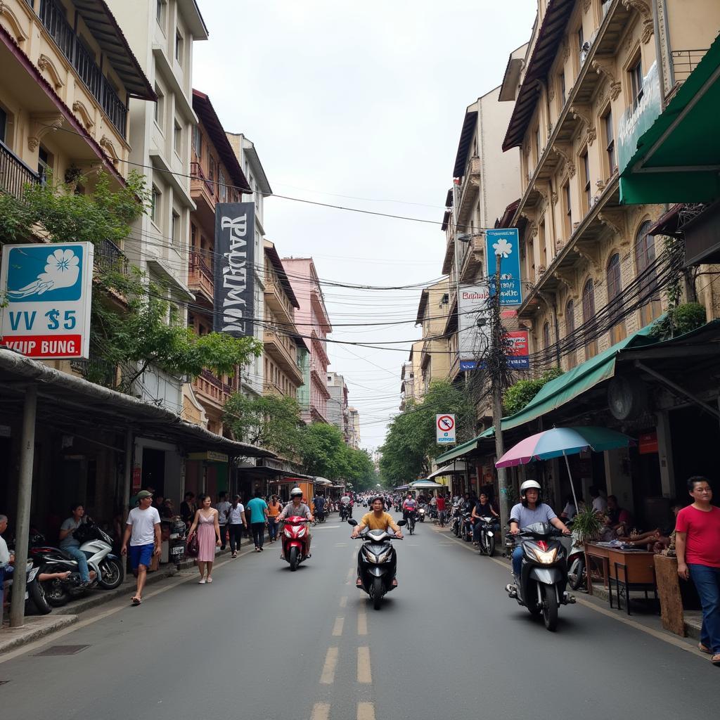 Toàn cảnh đường Lý Tự Trọng quận 1 Sài Gòn với sự giao thoa kiến trúc cũ và mới, nhịp sống đô thị sôi động.