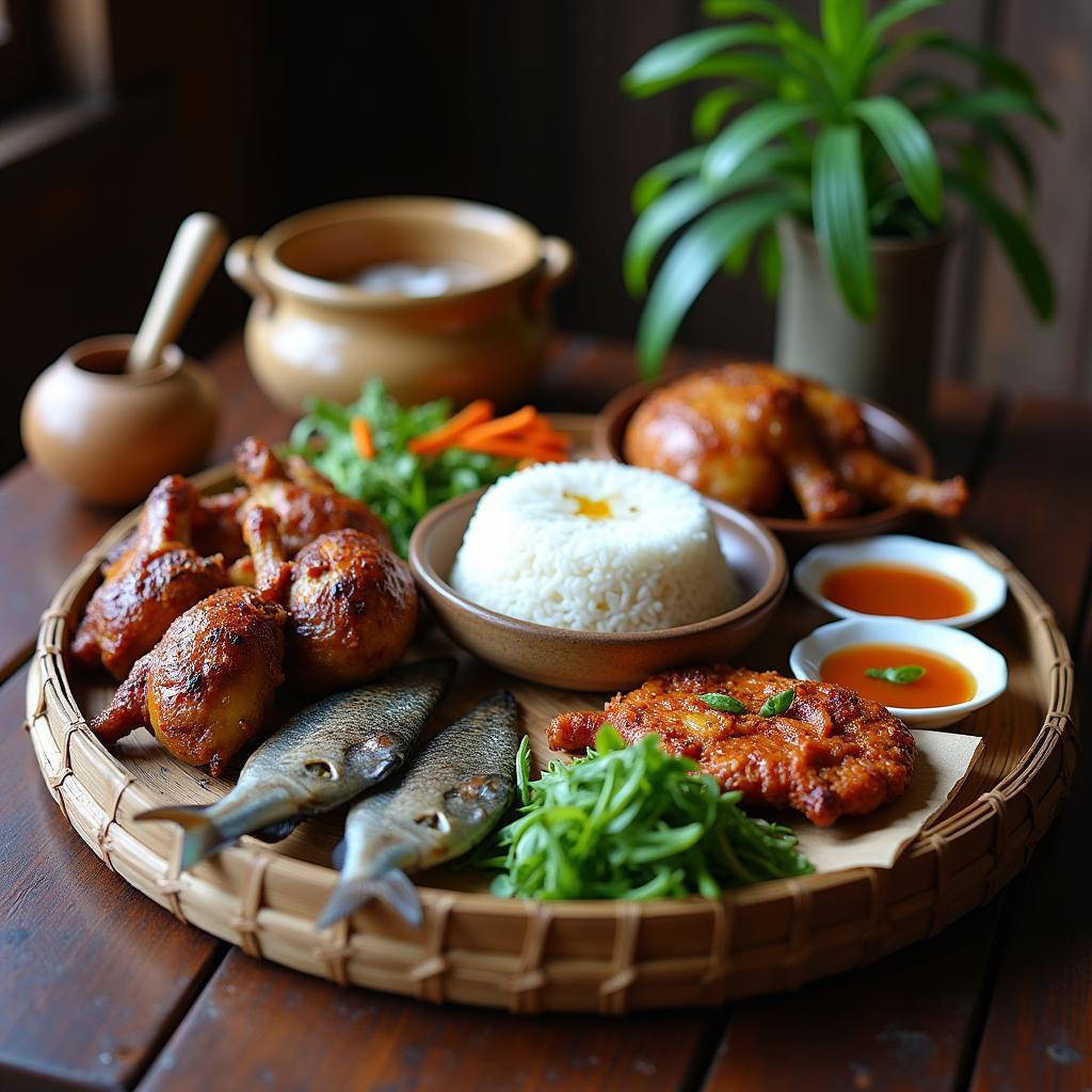 Mâm cơm đặc sản ấm cúng tại một homestay ở xã Thác Bà, Lào Cai với các món gà đồi, cá suối, rau rừng