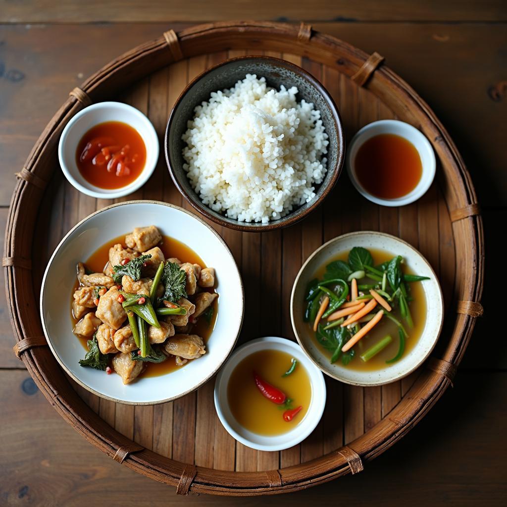 Mâm cơm dân dã với các món đặc sản địa phương của Tân Hưng, Hưng Yên, thể hiện nét ẩm thực độc đáo.