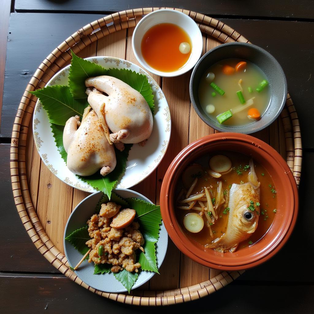 Mâm cơm gia đình ấm cúng đậm chất đồng quê với các món đặc sản của Tiên La, tỉnh Hưng Yên như gà luộc, cá kho.