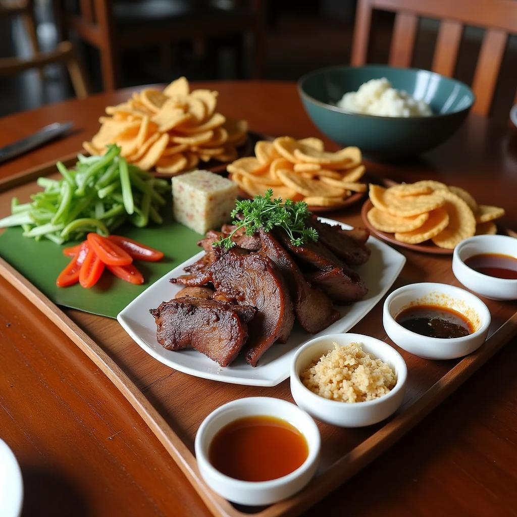 Mâm cơm đặc sản Ninh Bình thịnh soạn với món dê núi trứ danh, cơm cháy và các món rau rừng được bày biện đẹp mắt tại nhà hàng của Tam Cốc Village Bungalow