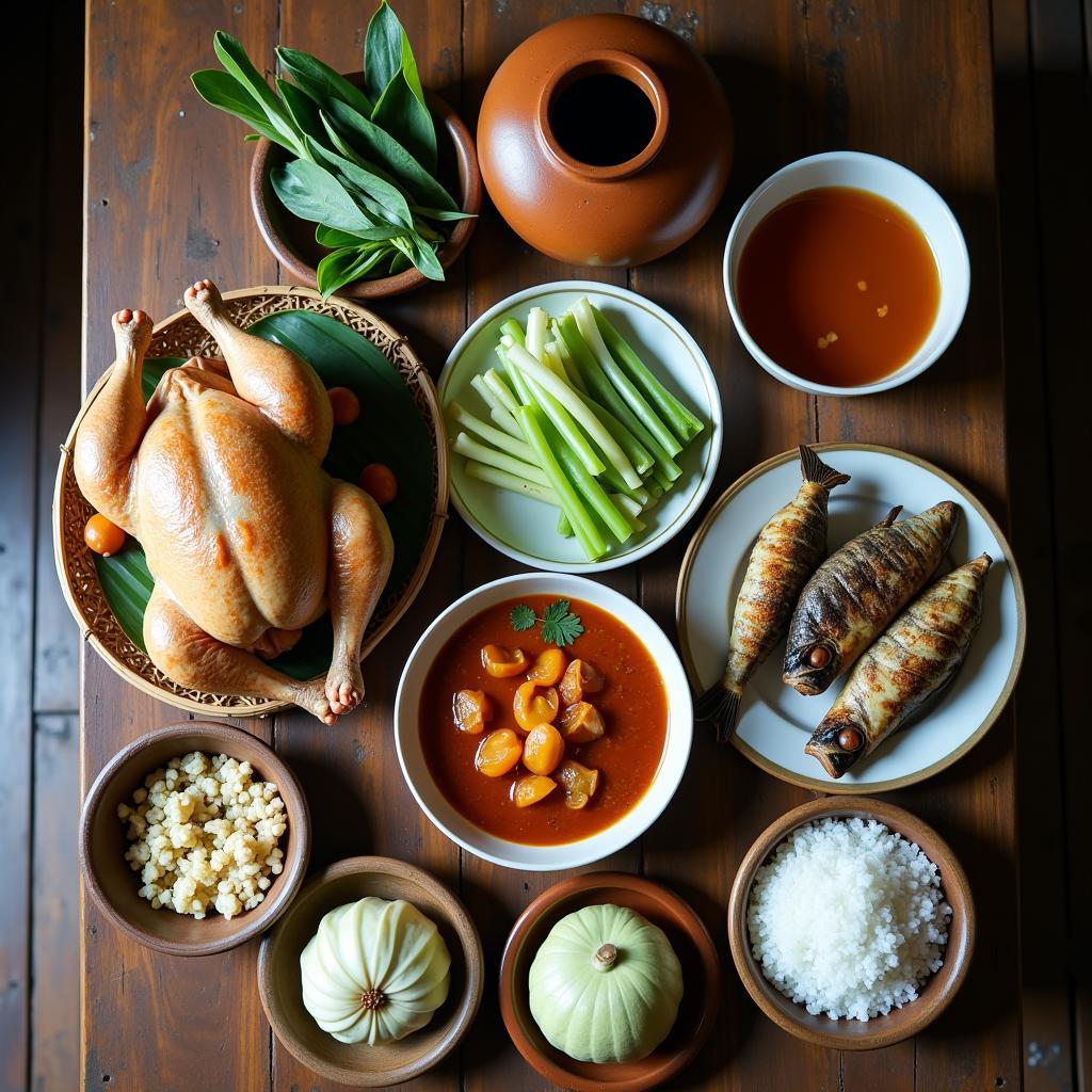 Mâm cơm quê dân dã tại xã Bình Xuyên, Phú Thọ với các món ăn đặc sản như gà đồi, rau luộc và cá kho.