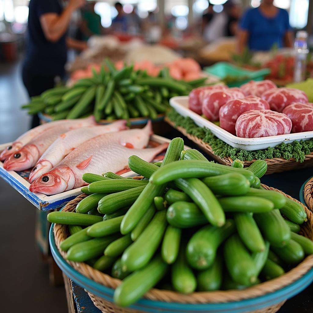 Các mặt hàng nông sản tươi ngon và thực phẩm tươi sống đa dạng bày bán tại Chợ Long Yên, Ninh Bình