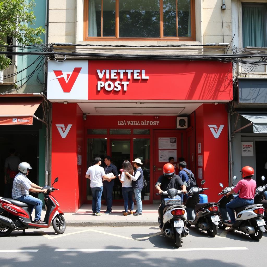 Hình ảnh mặt tiền bưu cục Viettel Post 285 Cách Mạng Tháng Tám, Quận 10 với biển hiệu đặc trưng.