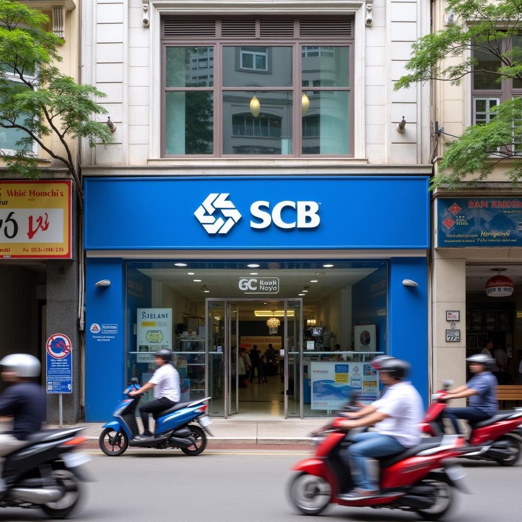 Mặt tiền chi nhánh ngân hàng SCB Cống Quỳnh nổi bật trên con đường sầm uất tại Quận 1, trung tâm Sài Gòn.