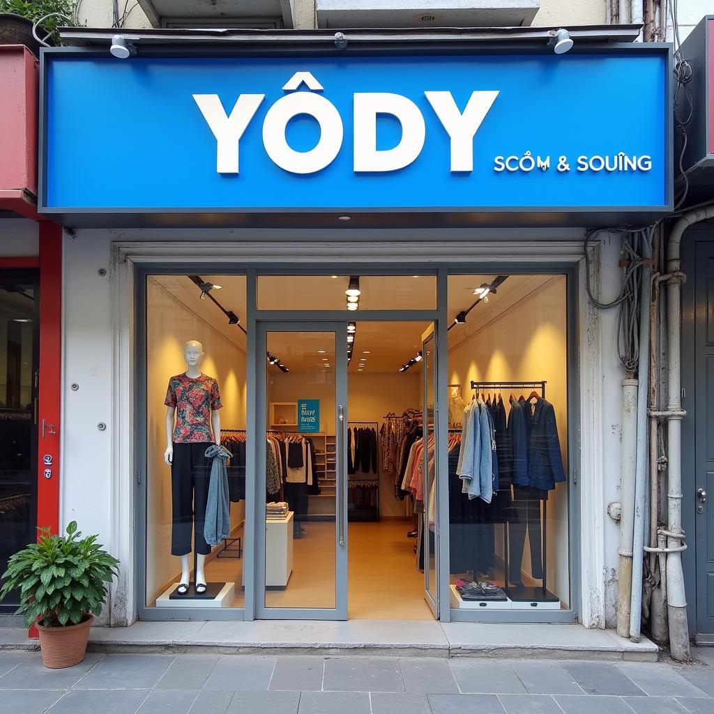Mặt tiền cửa hàng thời trang YODY Ghẽ tại Phố Ghẽ, Cẩm Giàng với biển hiệu màu xanh đặc trưng