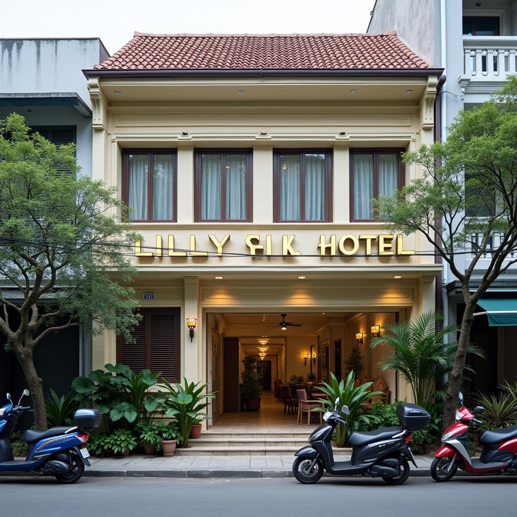 Hình ảnh mặt tiền khách sạn Lilly Hotel tại địa chỉ 32 Bàu Cát 1, quận Tân Bình, một con đường yên tĩnh và tiện lợi.