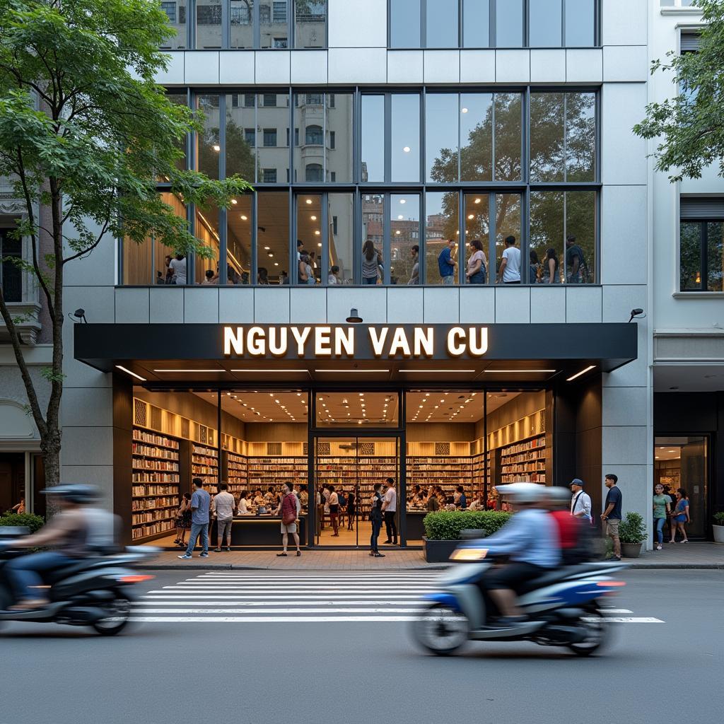 Hình ảnh mặt tiền Nhà sách Nguyễn Văn Cừ tại địa chỉ 805 Hồng Bàng, quận 6, nổi bật với bảng hiệu lớn và kiến trúc hiện đại.
