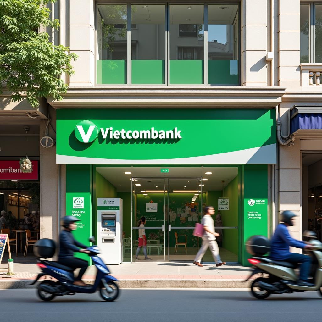 Mặt tiền phòng giao dịch Vietcombank tại 468 Nguyễn Trãi, Quận 5 với bảng hiệu màu xanh lá đặc trưng, cửa kính hiện đại và cây ATM phía trước.