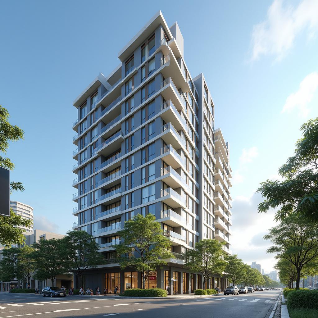Toàn cảnh mặt tiền hiện đại của tòa nhà Blanca City trên đường 3 Tháng 2, Phường 10, Vũng Tàu khi trời nắng đẹp