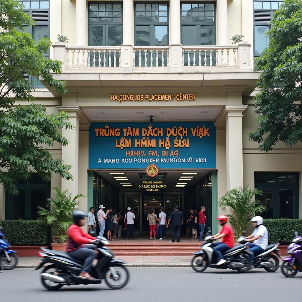 Mặt tiền Trung tâm Giới thiệu Việc làm Hà Đông tại địa chỉ 144 Trần Phú sầm uất.