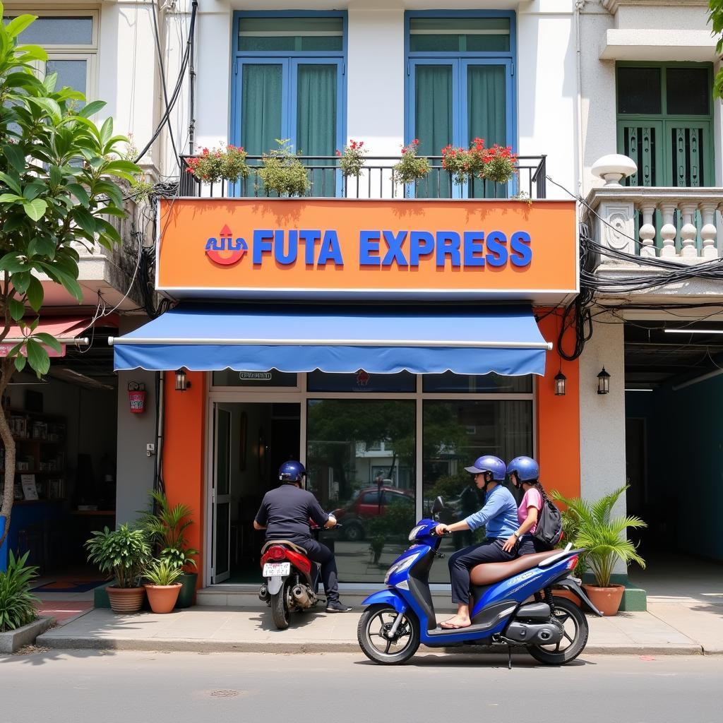 Mặt tiền văn phòng FUTA Express tại 292 Đinh Bộ Lĩnh, Bình Thạnh với màu cam đặc trưng của Phương Trang dễ nhận diện.