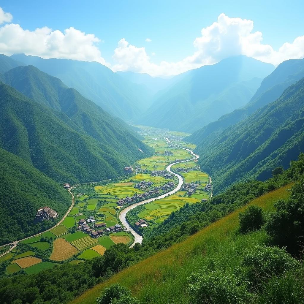 Cảnh quan núi rừng hùng vĩ tại Xã Mậu A, Tỉnh Lào Cai với ruộng bậc thang và bản làng