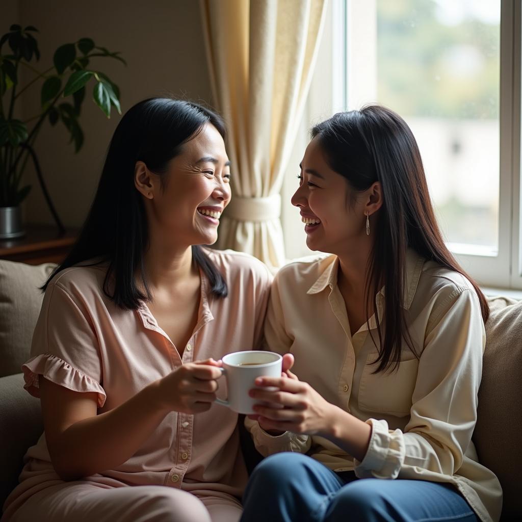 Hình ảnh mẹ và con gái đang cùng nhau trò chuyện thân thiết như hai người bạn thân bên cửa sổ