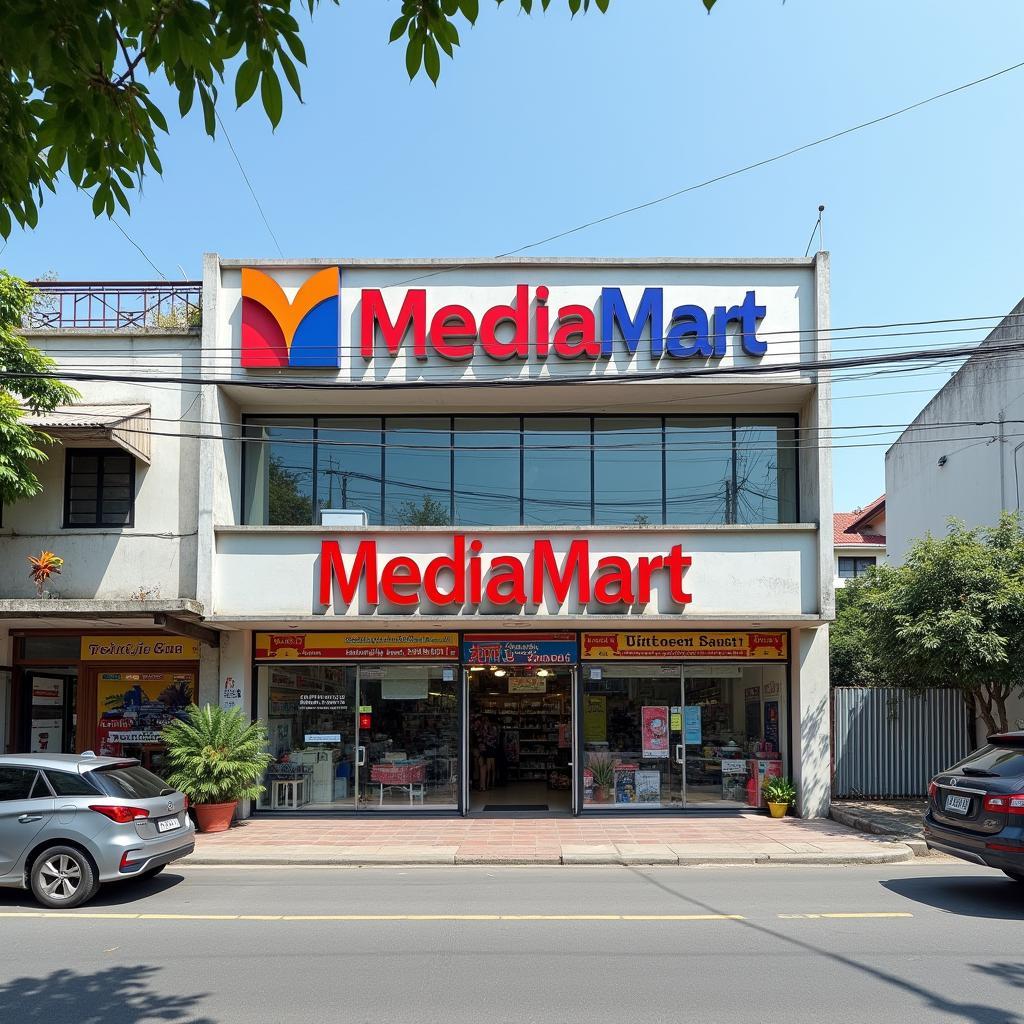 Ngoại cảnh siêu thị MediaMart Diêm Điền tại Thái Bình, địa điểm dễ tìm trên đường chính.