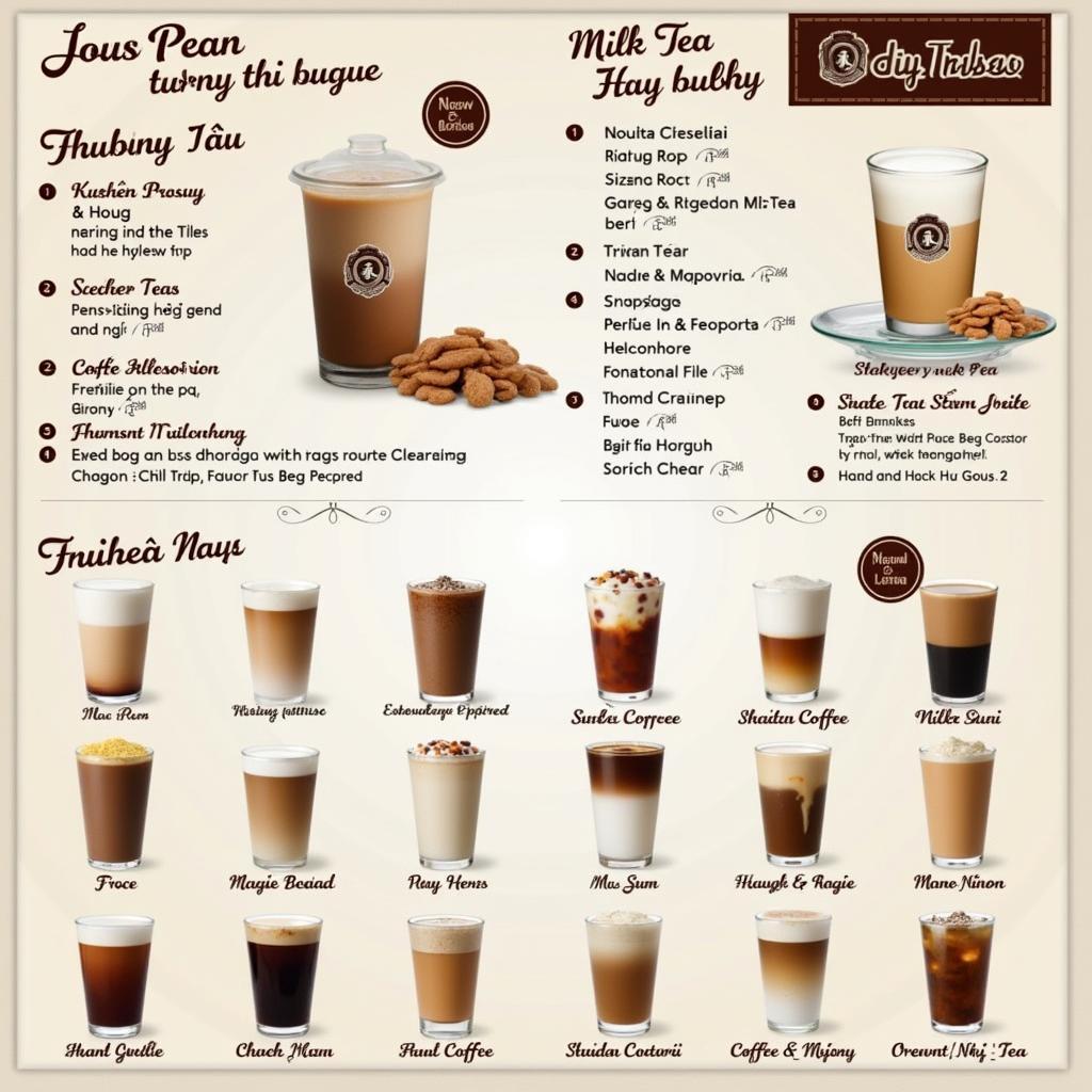 Menu đồ uống đa dạng từ cà phê đến trà sữa tại quán