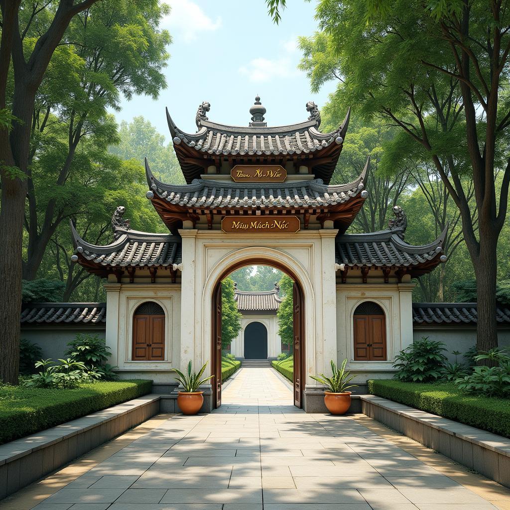 Cổng vào Miếu Mạch Nước Hóc Môn, nơi du khách bắt đầu hành trình tìm kiếm sự thanh tịnh.