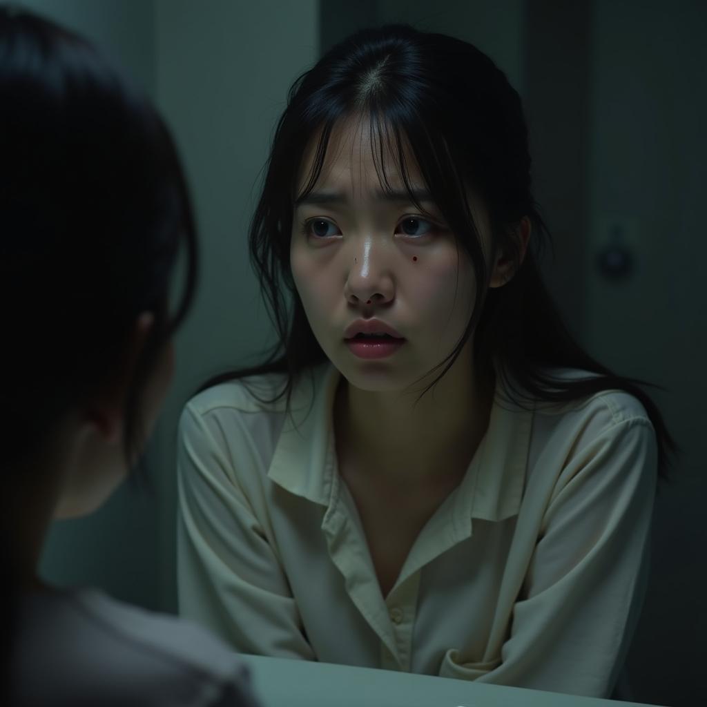 Người phụ nữ mơ thấy chảy máu cam đang nhìn vào gương với vẻ mặt lo lắng và mệt mỏi