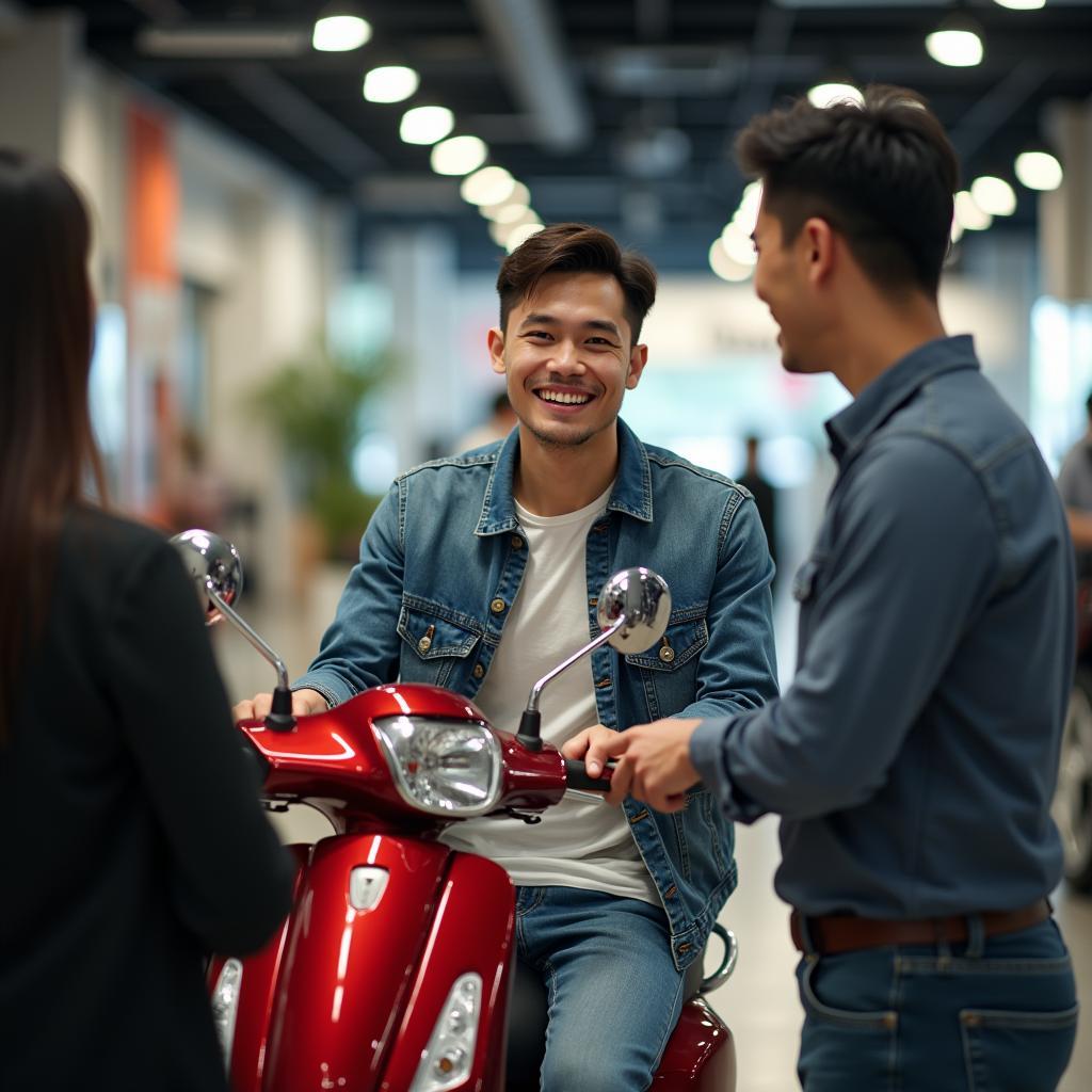 Người đàn ông vui mừng nhận chìa khóa xe máy mới báo hiệu sự nghiệp thăng tiến