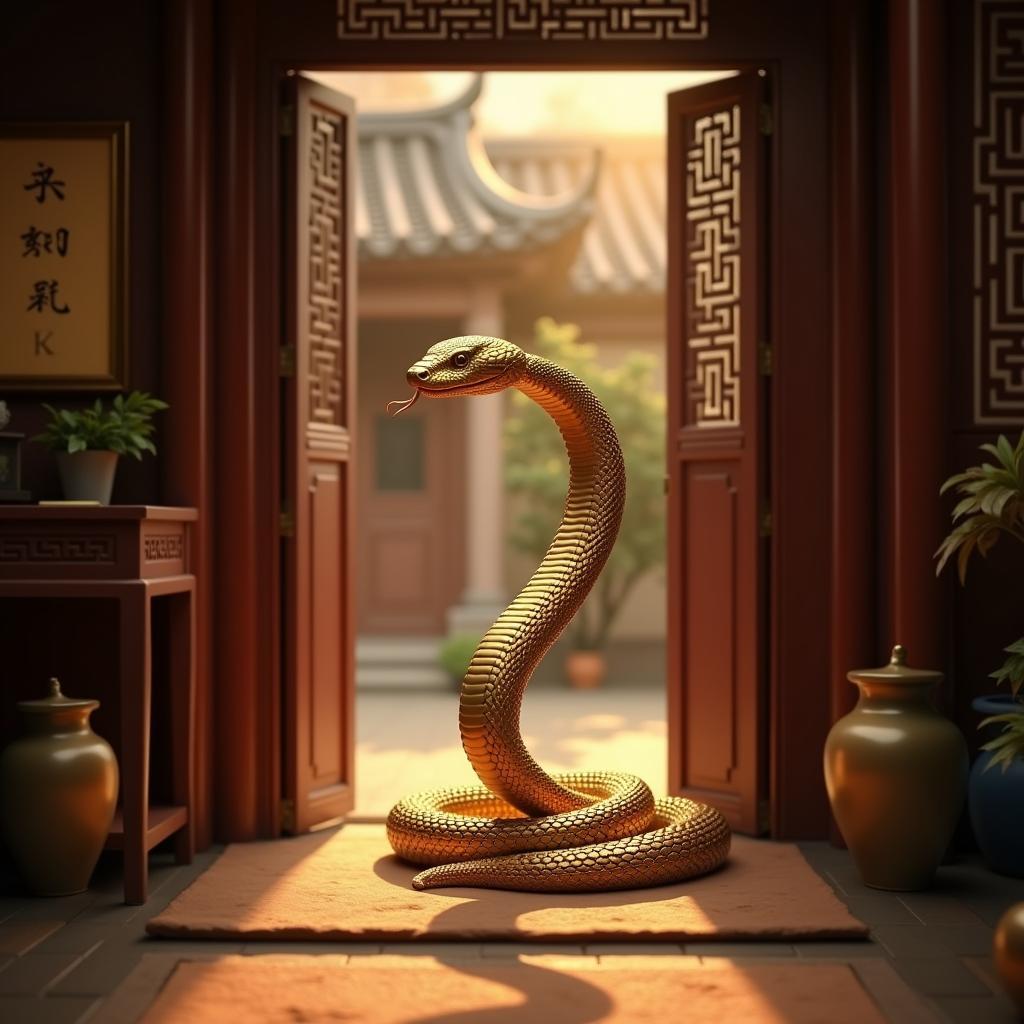 Hình ảnh con rắn vàng bò vào nhà mang điềm báo tài lộc, may mắn và thịnh vượng sắp đến với gia chủ.