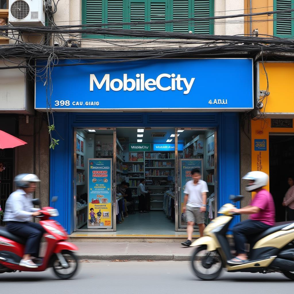 Cửa hàng MobileCity 398 Cầu Giấy, Hà Nội với biển hiệu rõ ràng trên mặt phố.