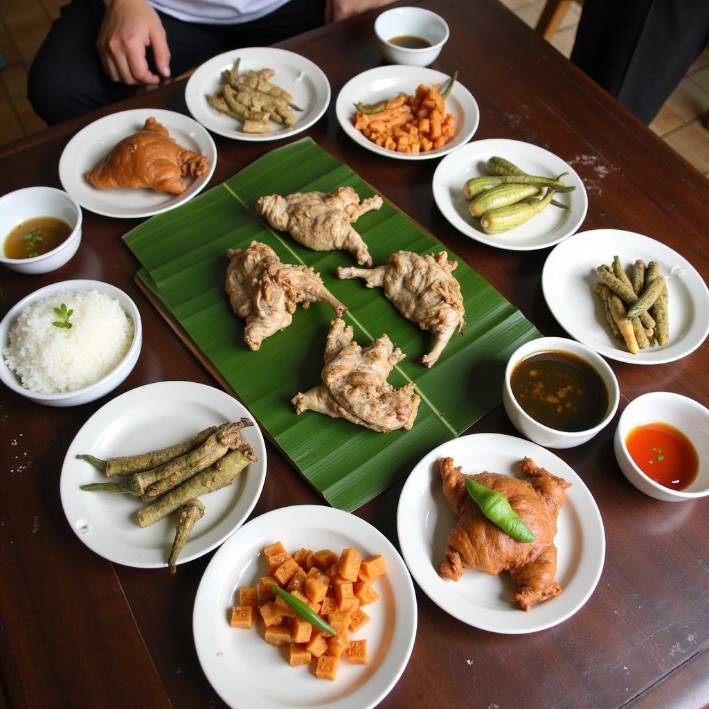 Mâm cơm với các món ăn đặc sản của Xã Mường Vang, Tỉnh Phú Thọ, bao gồm rau rừng và thịt gà đồi