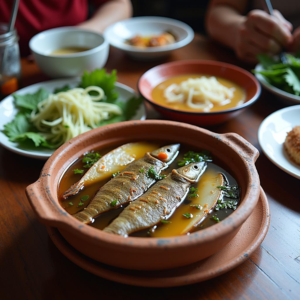 Một mâm cơm gia đình ấm cúng với các món ăn dân dã đặc trưng của Hưng Yên như cá kho tộ, canh cua rau đay và đĩa rau luộc.