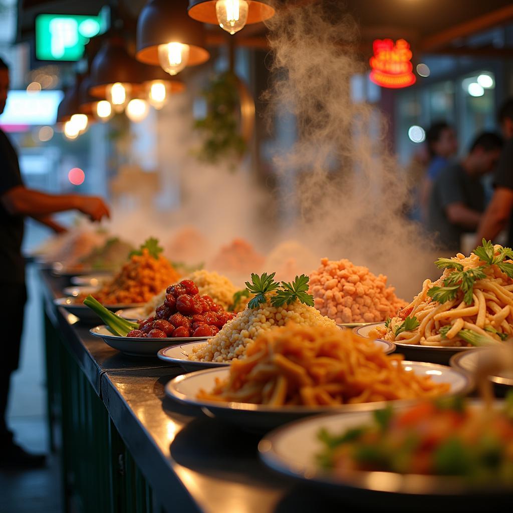 Cận cảnh một quầy hàng ẩm thực đường phố hấp dẫn tại khu vực Phường An Nhơn, trưng bày nhiều món ngon đặc trưng.
