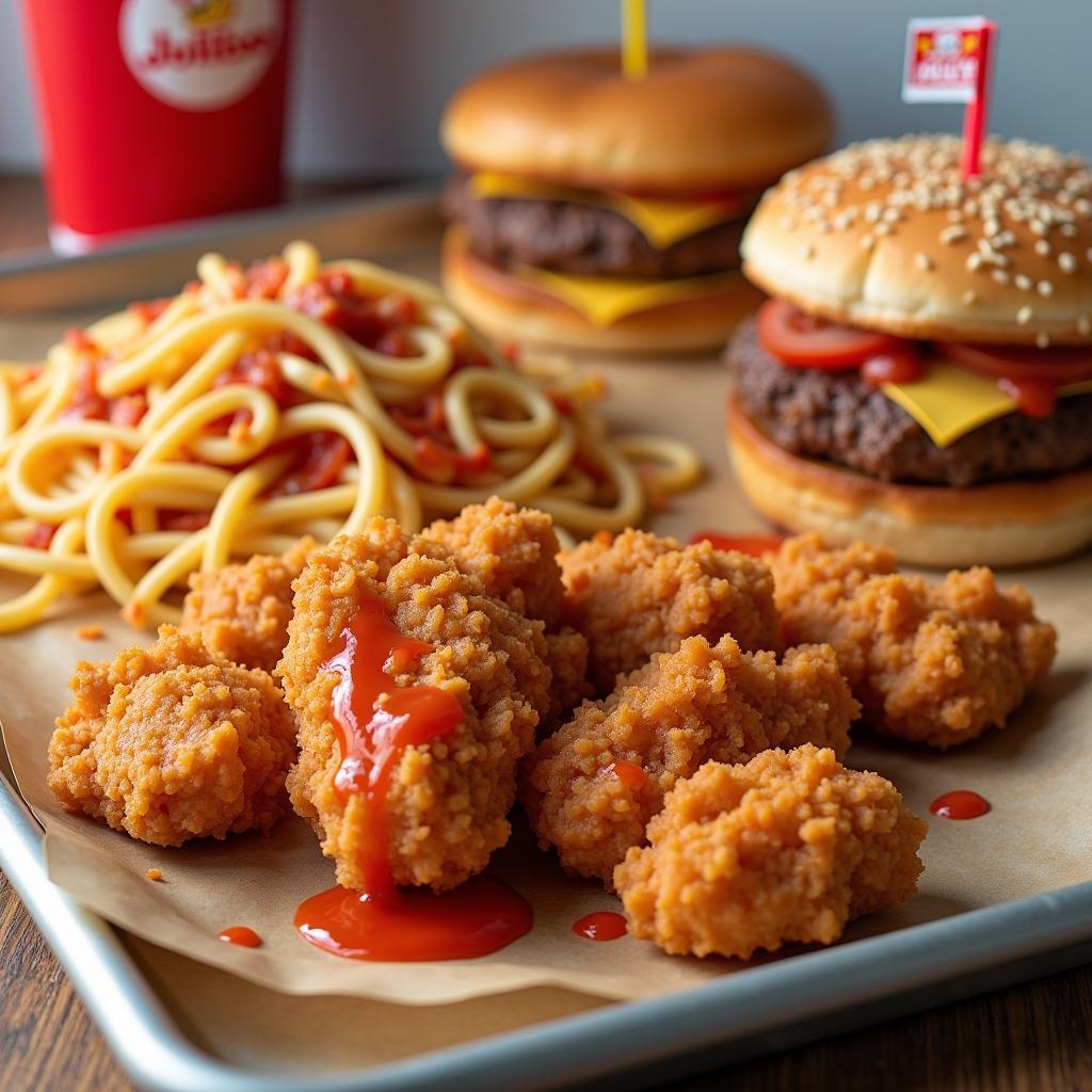 Các món ăn nổi bật tại Jollibee: Gà Giòn Vui Vẻ, Mì Ý, Burger