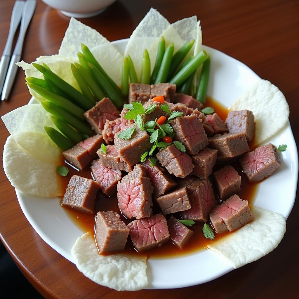 Đĩa thịt bò tơ Củ Chi được luộc chín tới, thái mỏng, ăn kèm với bánh tráng, rau rừng và mắm nêm, một đặc sản nổi tiếng tại Xã Phú Hòa Đông.