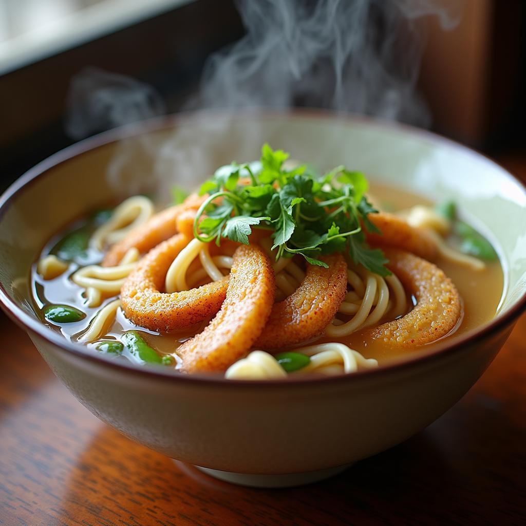 Một bát bún thang lươn nóng hổi, đặc sản Hưng Yên, được bài trí đẹp mắt với những miếng lươn vàng óng và rau thơm tươi ngon