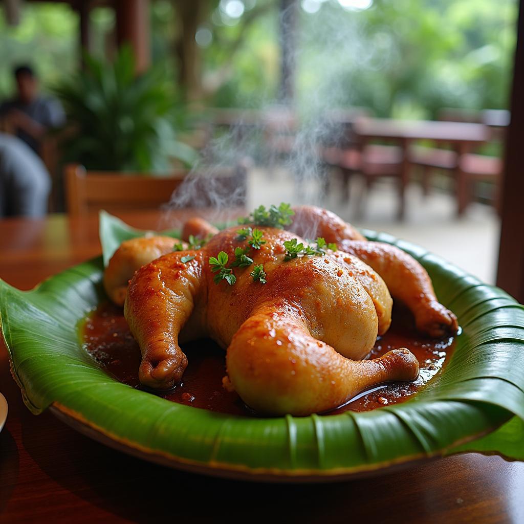 Món gà nướng đất sét đặc sản thơm lừng được phục vụ tại một nhà hàng sân vườn ở xã Bình Mỹ Củ Chi