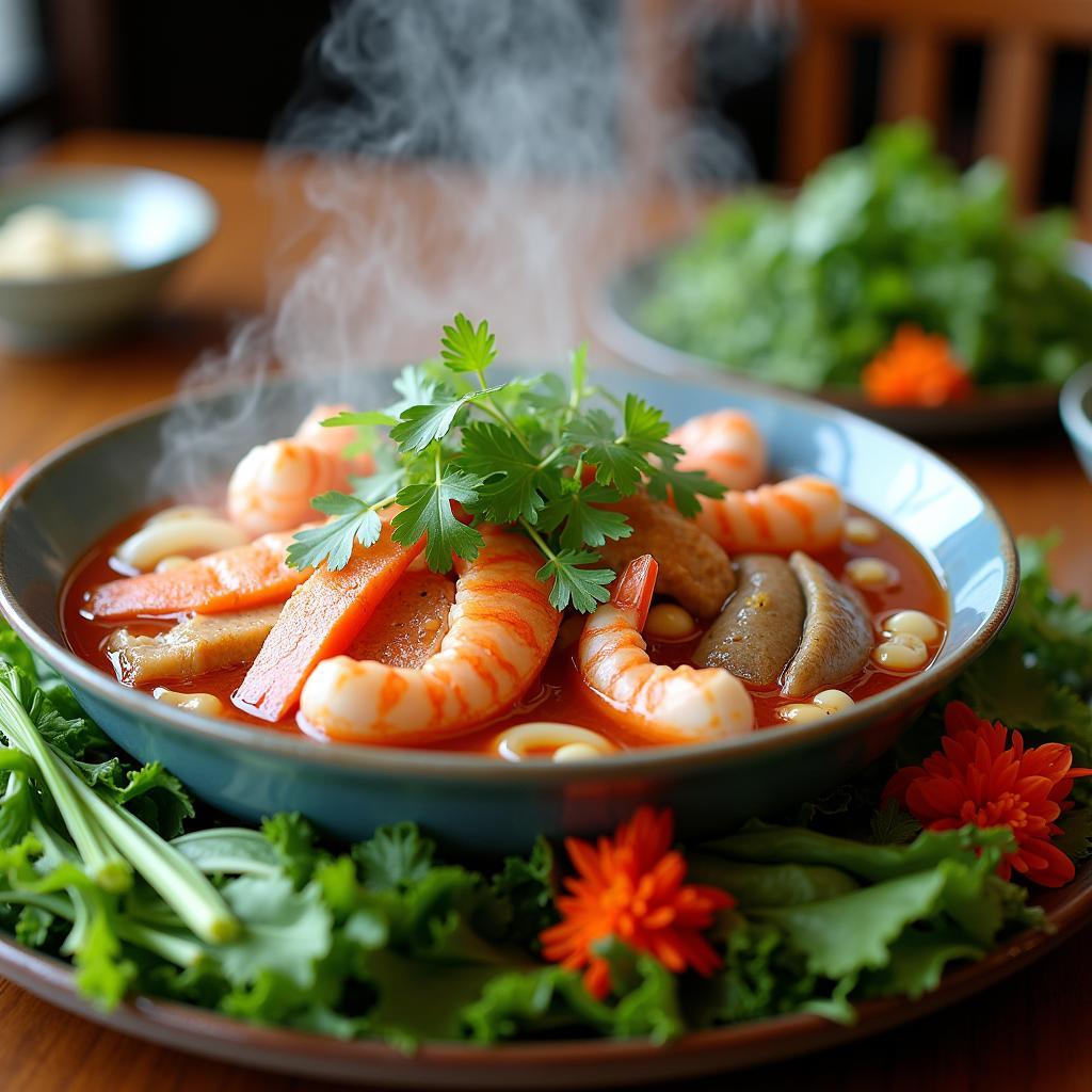 Nồi lẩu mắm đặc sản Hậu Giang đang sôi sùng sục tại nhà hàng Ẩm thực Cát Cát, 180 Nguyễn Công Trứ, với đầy đủ tôm, cá, mực và các loại rau đồng tươi ngon.