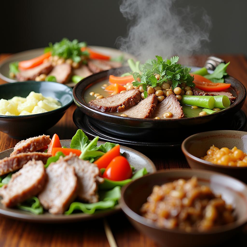 Thực đơn đa dạng món dê núi Ninh Bình: lẩu, tái chanh, chao lòng tại nhà hàng Cổ Nhuế.