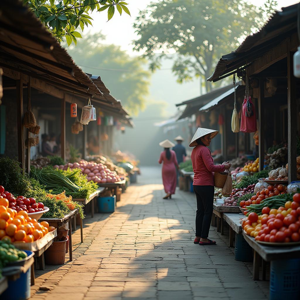Một góc chợ quê bình dị tại Xã Tân Chi, Bắc Ninh vào buổi sáng sớm, với các gian hàng bày bán nông sản tươi ngon và hình ảnh người dân địa phương đang mua bán.