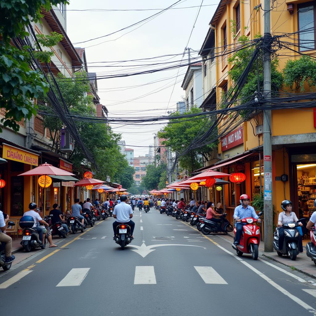 Một góc đường Hoàng Hoa Thám tại Hưng Yên sầm uất với các cửa hàng và phương tiện qua lại