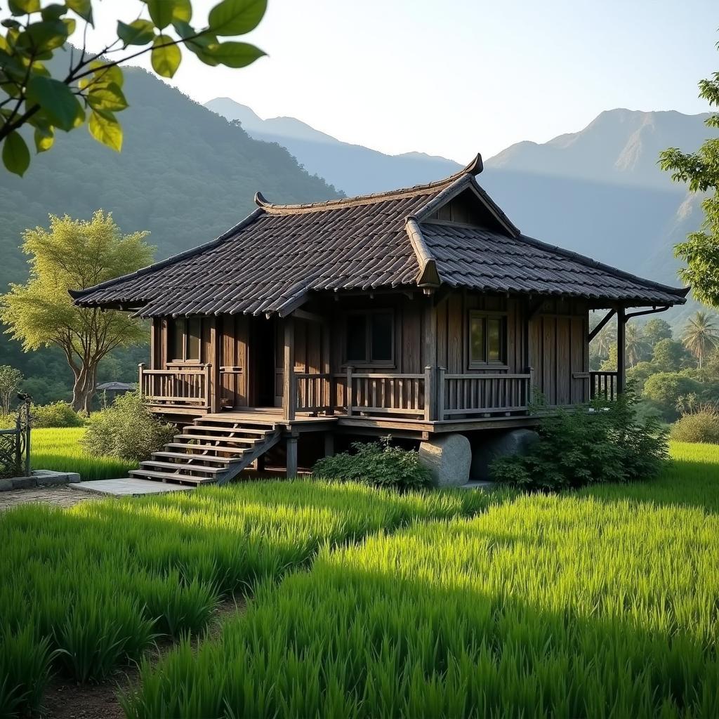 Ngôi nhà sàn truyền thống của người Tày tại xã Hoàng Su Phì, Tuyên Quang nằm giữa không gian xanh của vườn tược và đồi núi, thể hiện nét văn hóa kiến trúc độc đáo