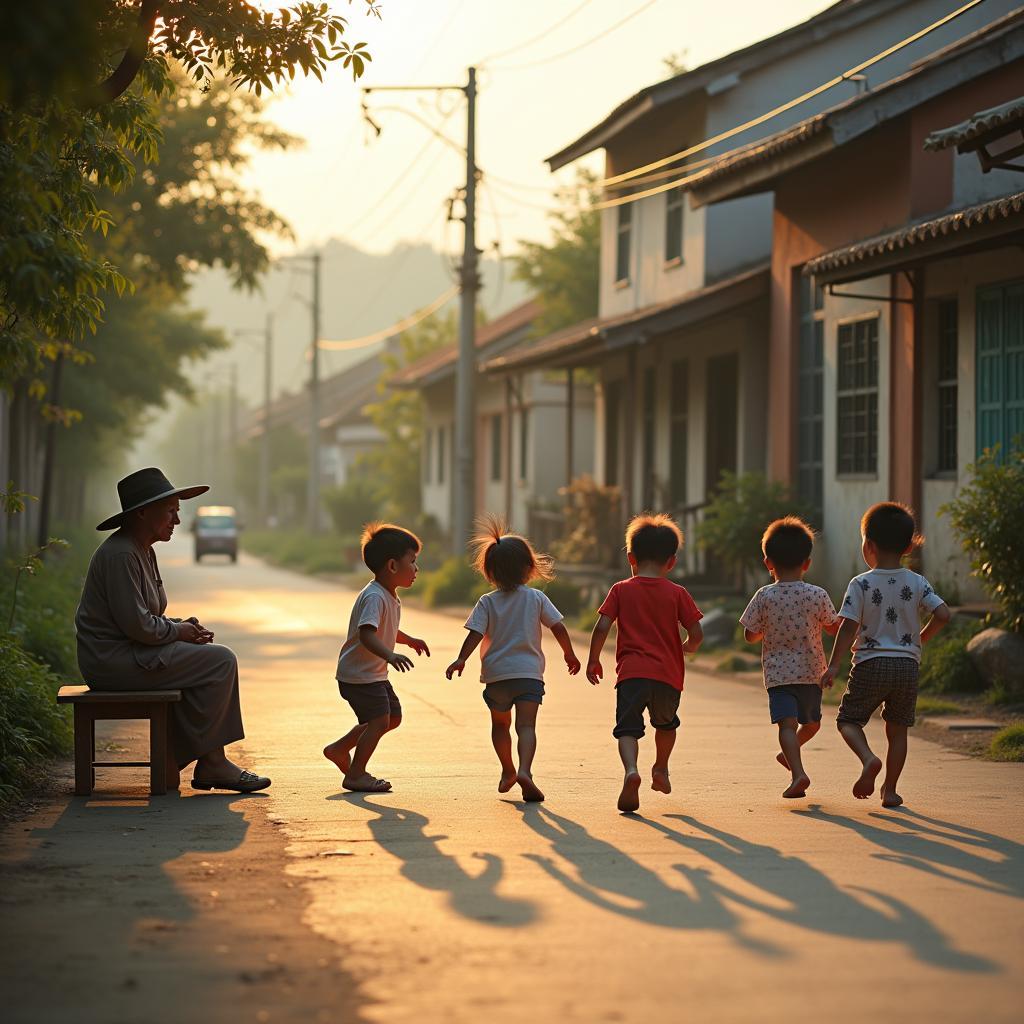 Hình ảnh cuộc sống bình dị ở xã Vĩnh Phú với cảnh trẻ em nô đùa trên con đường làng sạch sẽ và yên bình